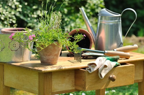 A West Harrow gardener using equipment carefully under health and safety procedures